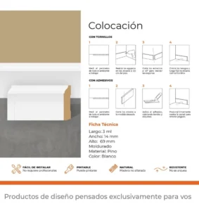 Zócalo de Pino Kflooring Moldurado Prepintado 69 mm Blanco - Image 3